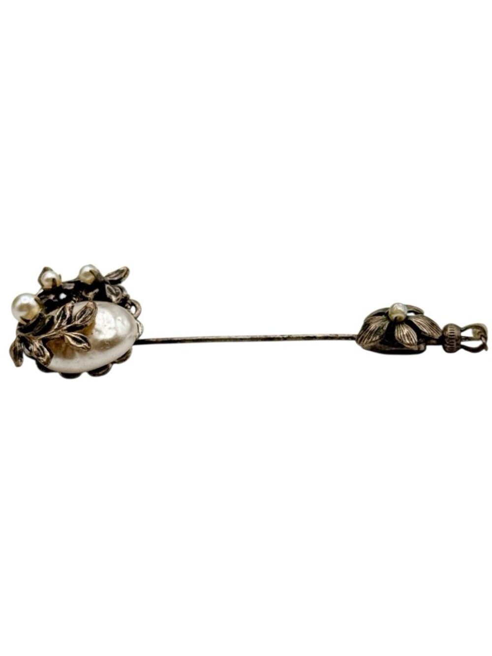 MIRIAM HASKELL vintage signed stick pin antique brass faux baroque pearl flowers - Picture 5 of 11
